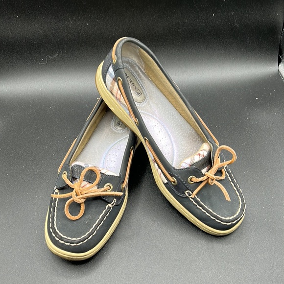 Women's Pre Loved Sperry Top Siders, Navy Leather & Plaid Fabric, SZ 8M - Picture 13 of 15